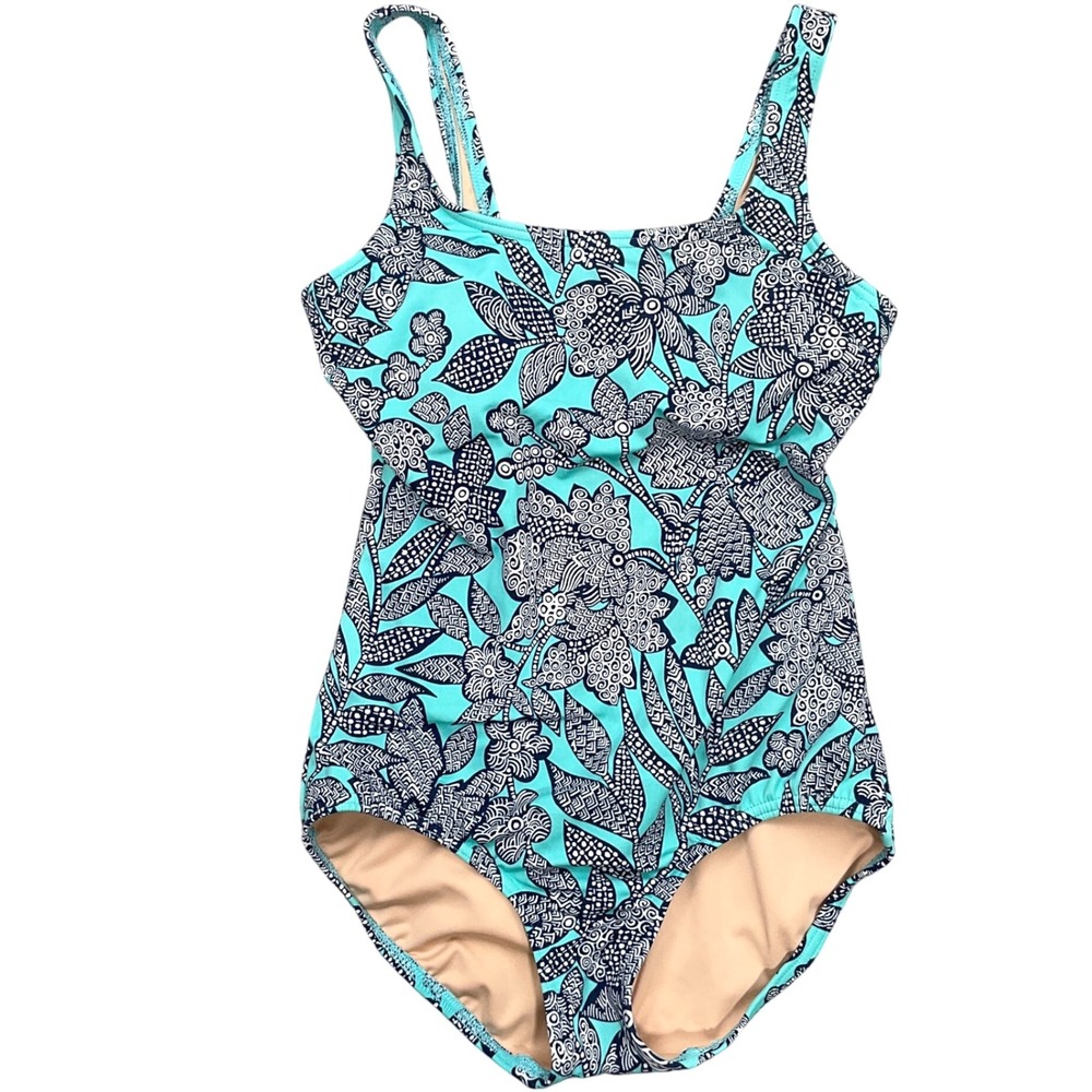 Lands'‎ End One Piece Swimsuit Women 4 Green Black Floral Modest Bra Square